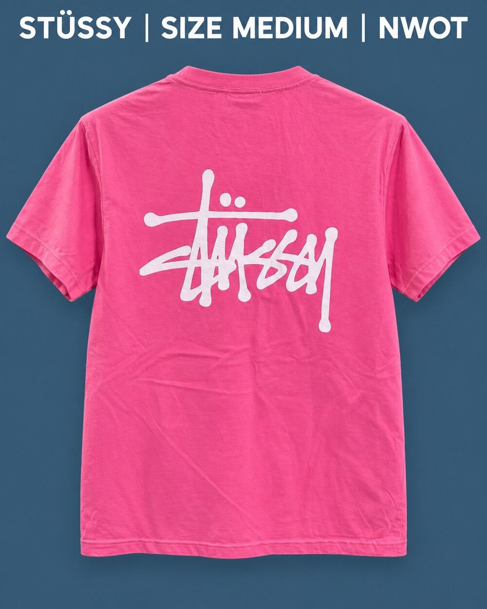 Stussy Pink White Big Stock Logo Graphic Tee Medium NWOT